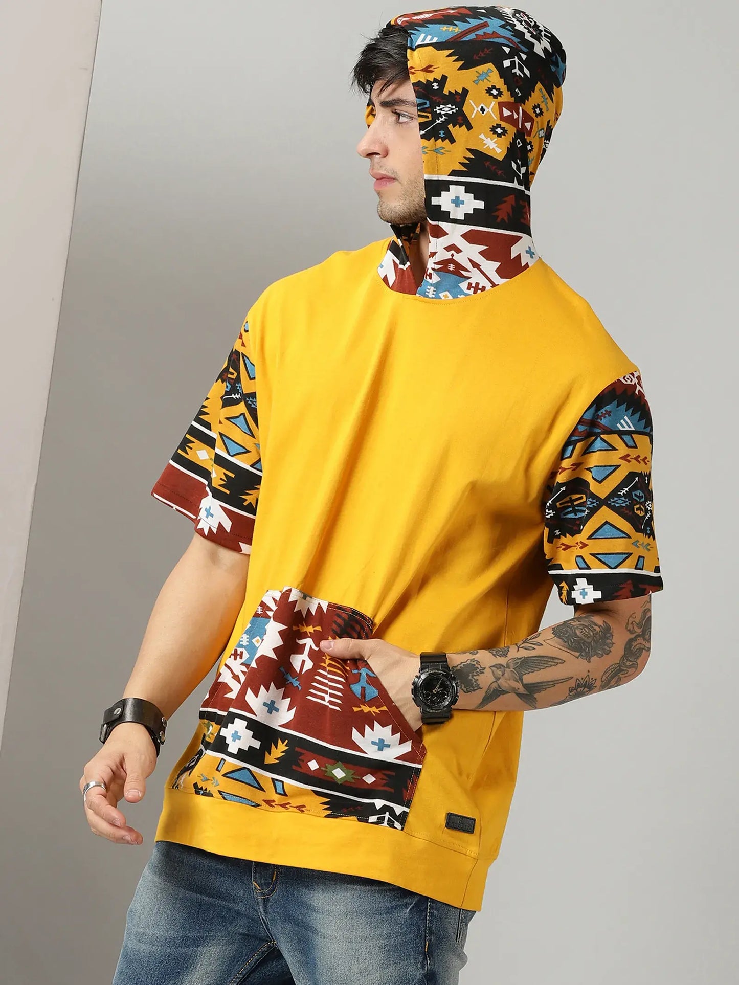 Mustard And Print Hooded Men Oversized Tshirt - Rodzen