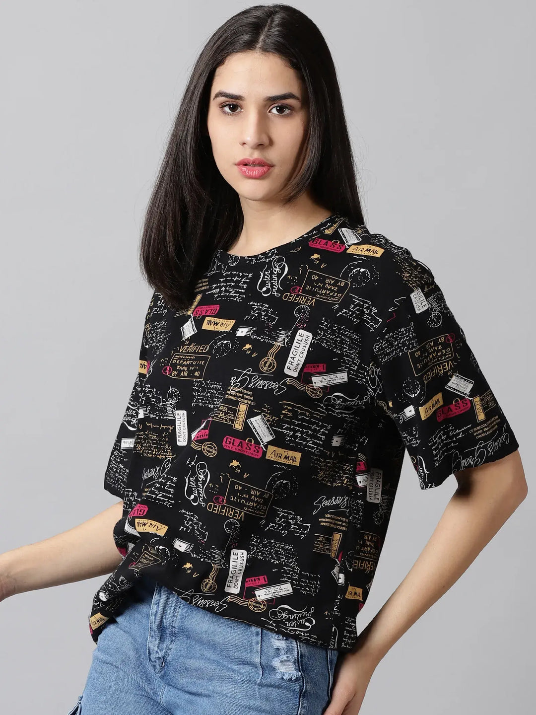 Printed Black  Women Oversized T-Shirt