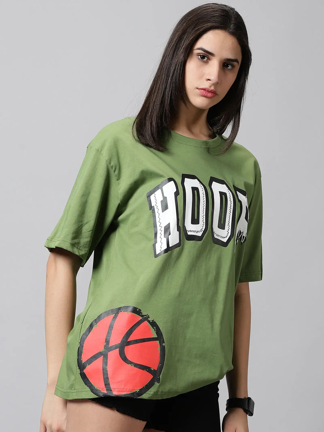 Hoop Printed Green  Women Oversized T-Shirt - Rodzen