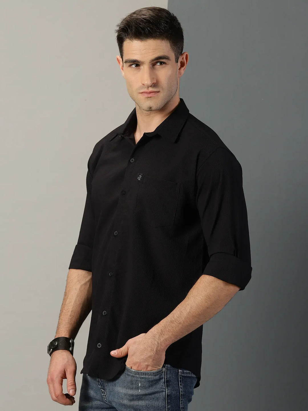 Black Textured Full Sleeve Men's Shirt