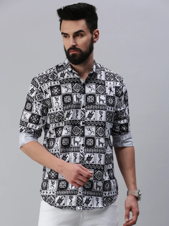 Black white Printed full sleeve men's shirt - Rodzen