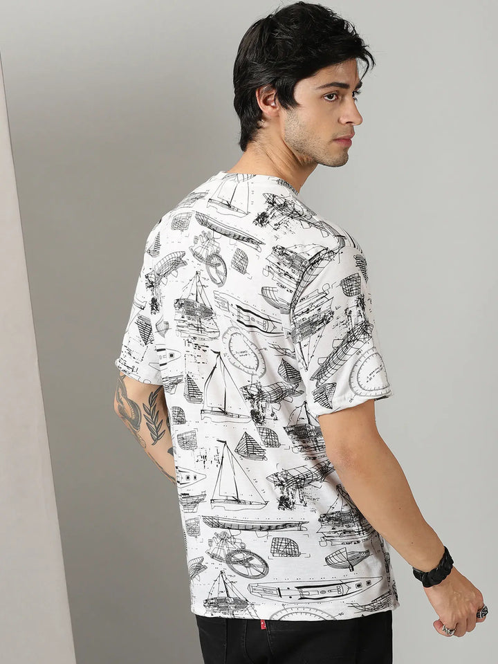 White Boat Print Men Oversized T-shirt