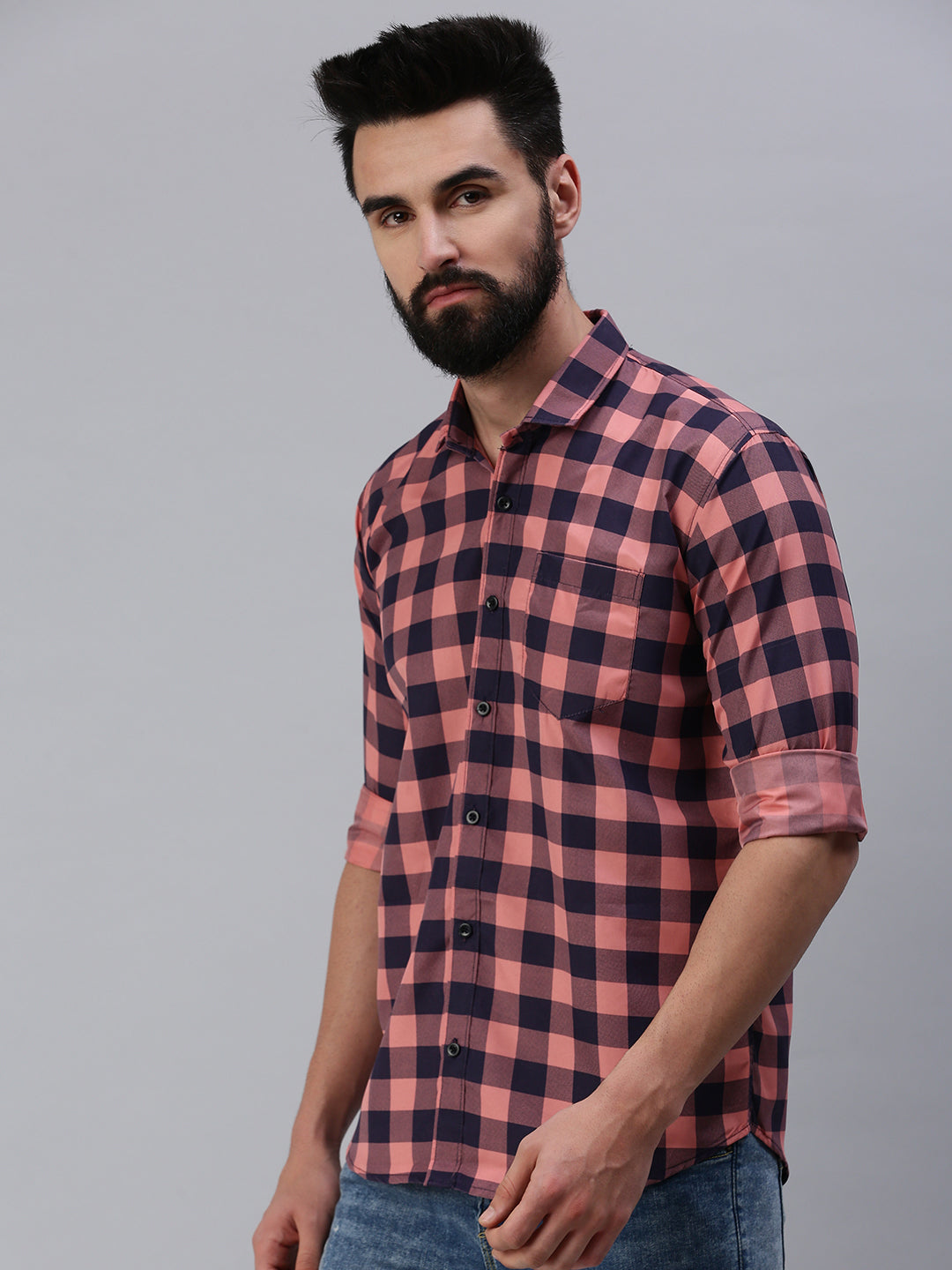 Full sleeve pink checks men's shirt - Rodzen