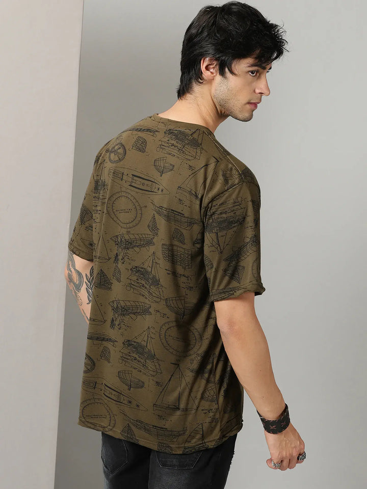 Green Boat Print Men Oversized Tshirt - Rodzen