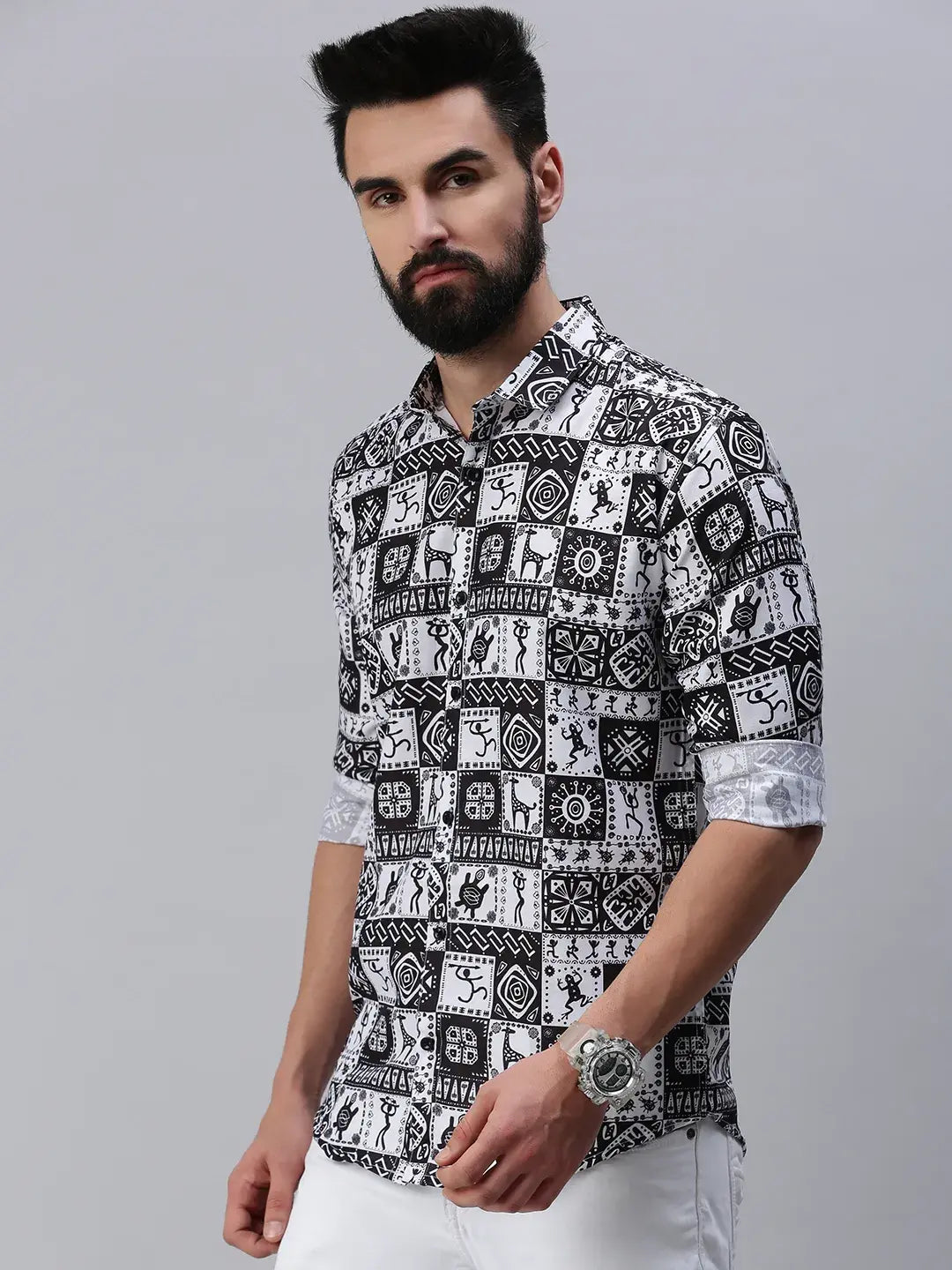 Black white Printed full sleeve men's shirt - Rodzen