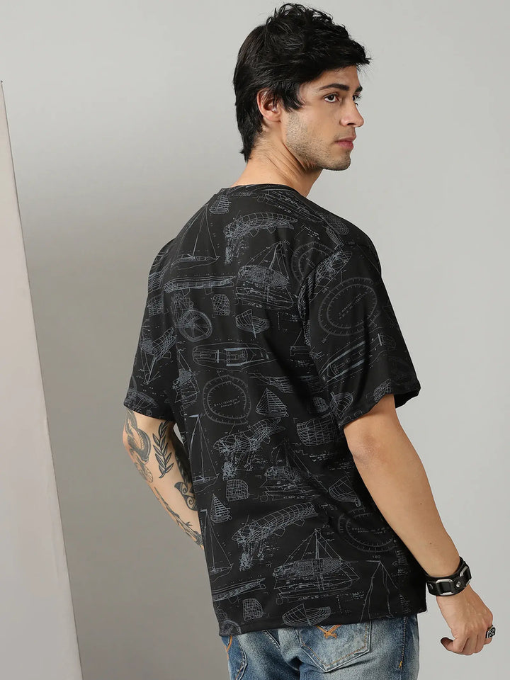 Black Boat Print Men Oversized Tshirt - Rodzen