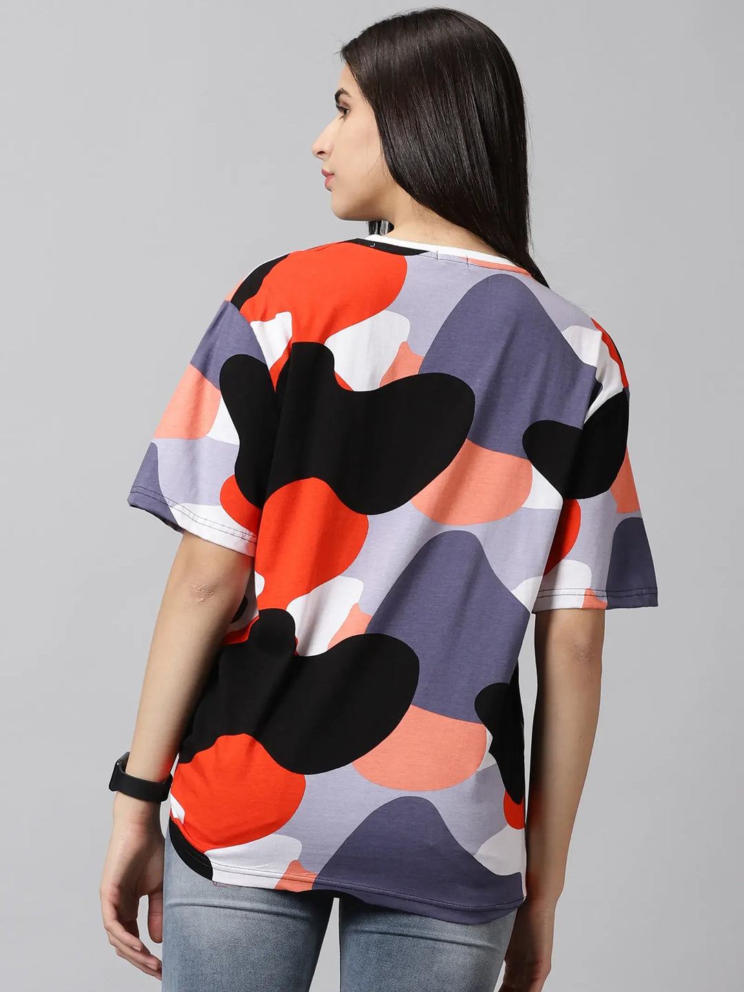 Black-Orange-White Color Printed   Women Oversized T-Shirt - Rodzen