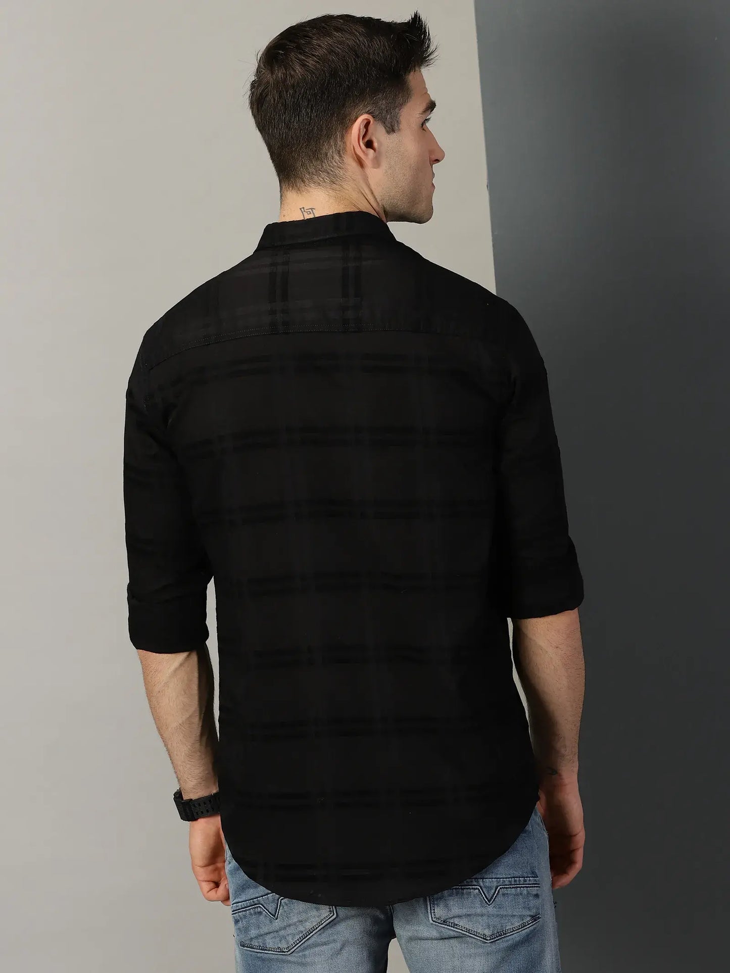 Black Checks Textured Full Sleeve Men's Shirt