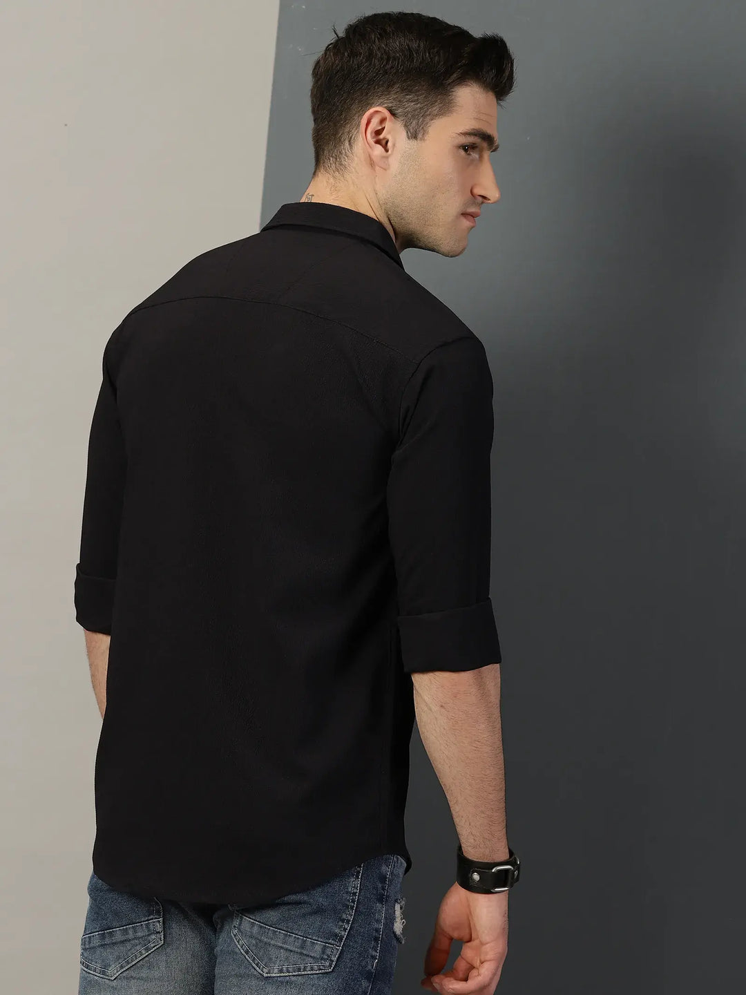 Black Textured Full Sleeve Men's Shirt