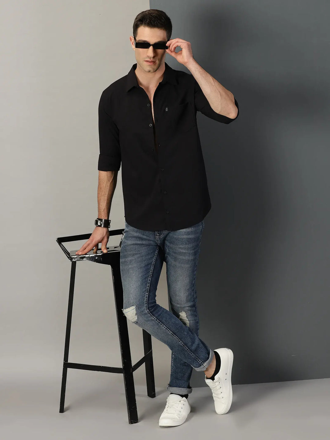 Black Textured Full Sleeve Men's Shirt