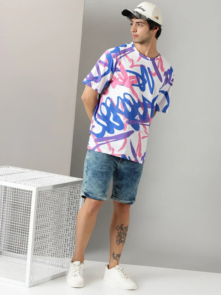 White Doodle Art Print Men Oversized Tshirt