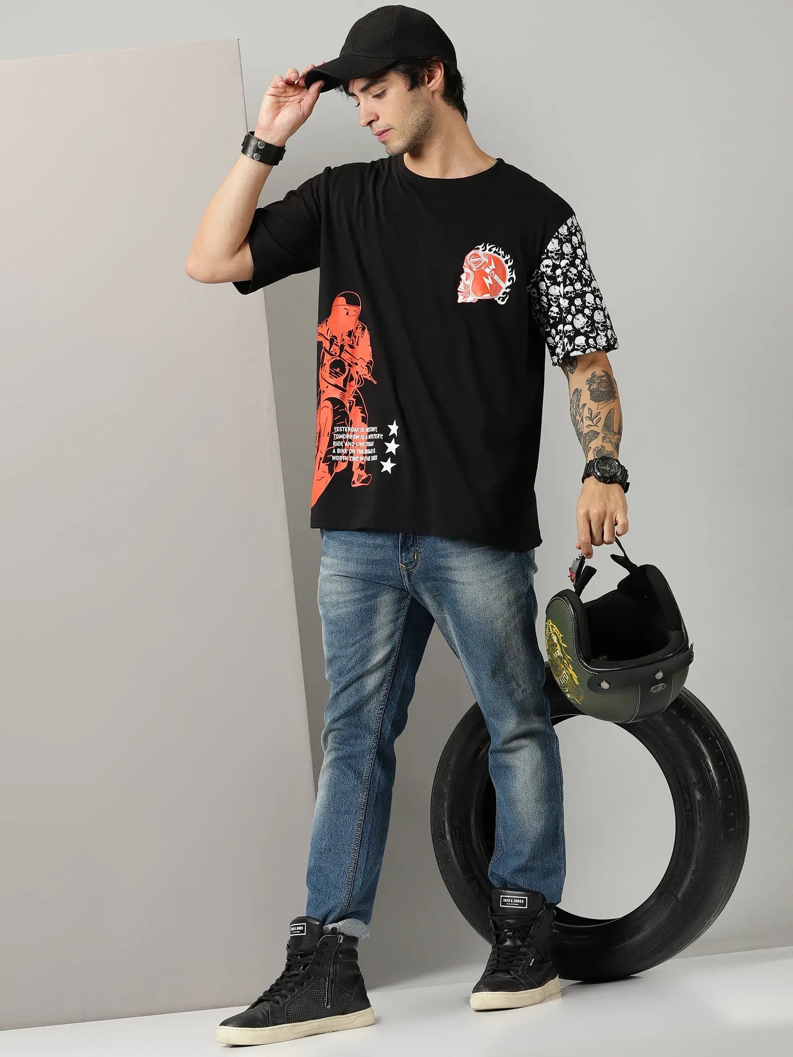 Black Biker Printed  Men Oversized Tshirt - Rodzen
