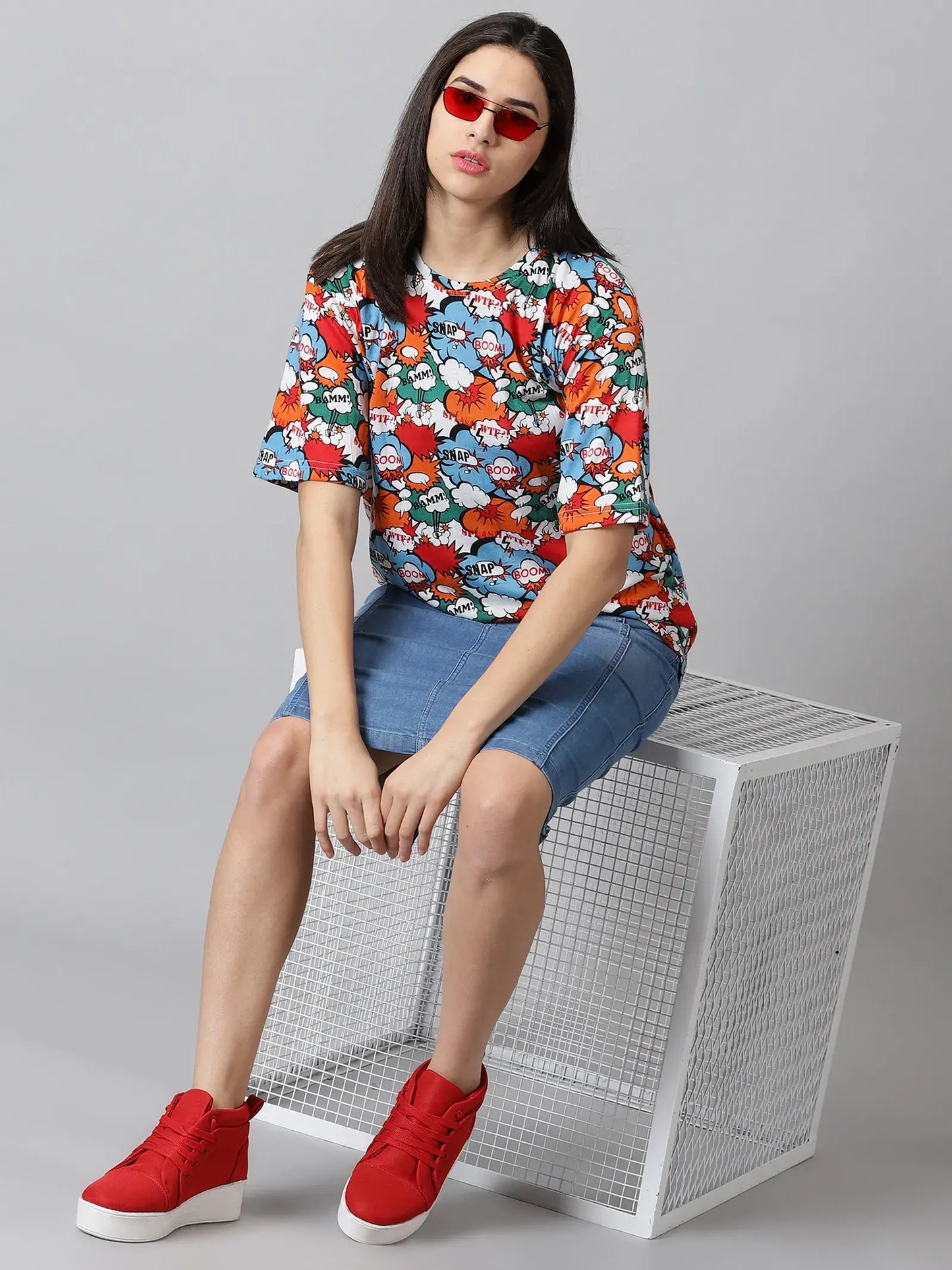 Boom Printed Multicolour   Women Oversized T-Shirt - Rodzen