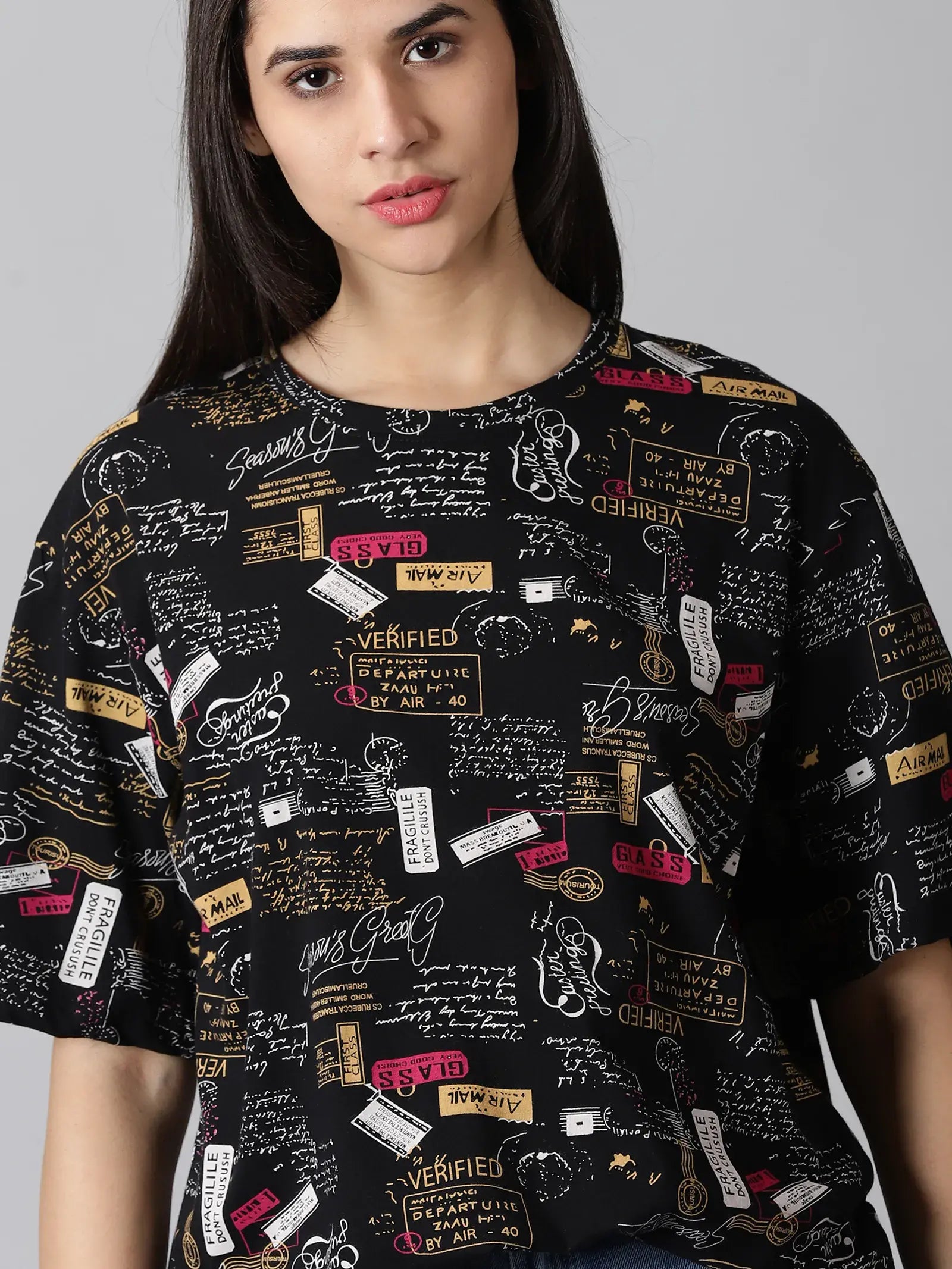 Printeded Black  Women Oversized T-Shirt