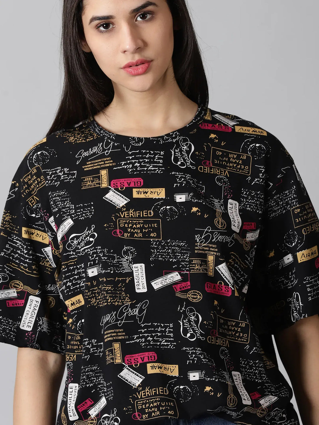 Printed Black  Women Oversized T-Shirt