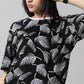 Leaf Printeded Black  Women Oversized T-Shirt - Rodzen