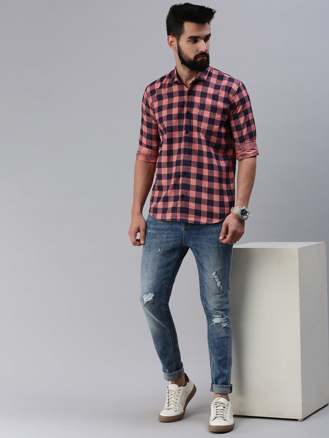 Full sleeve pink checks men's shirt - Rodzen