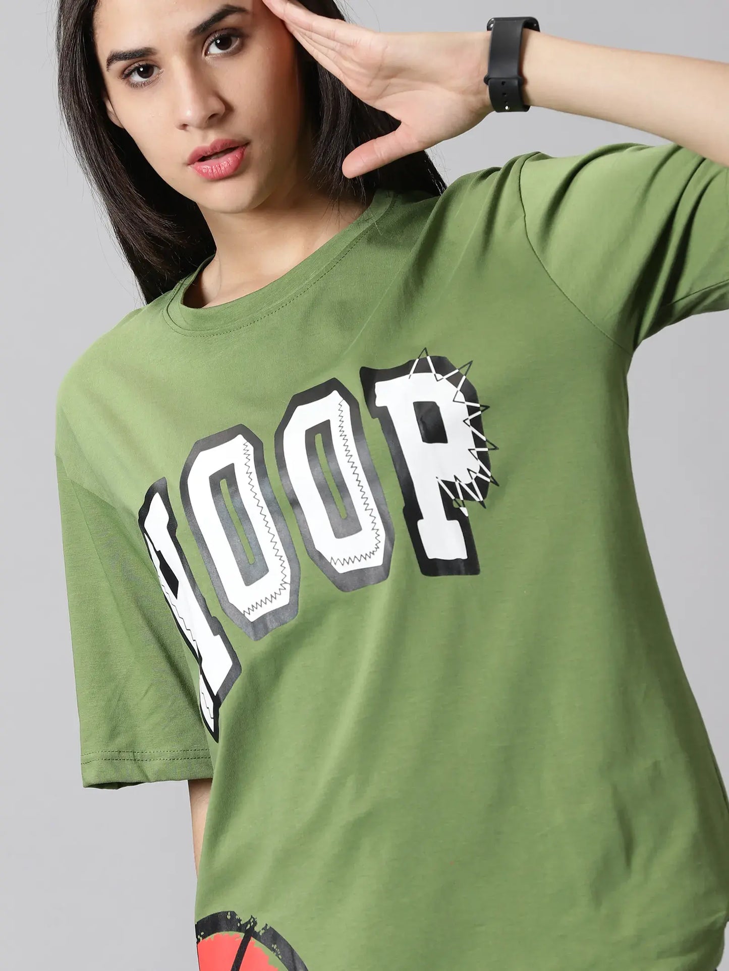 Hoop Printed Green  Women Oversized T-Shirt - Rodzen