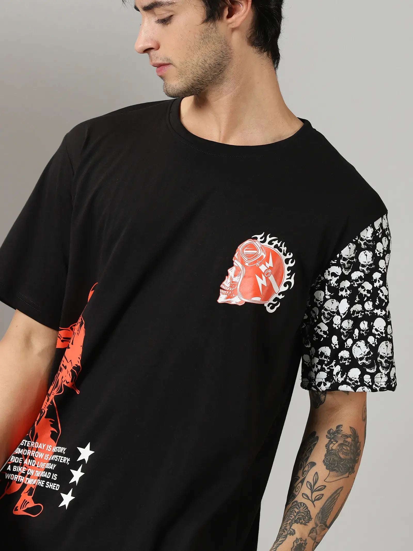 Black Biker Printed  Men Oversized Tshirt - Rodzen