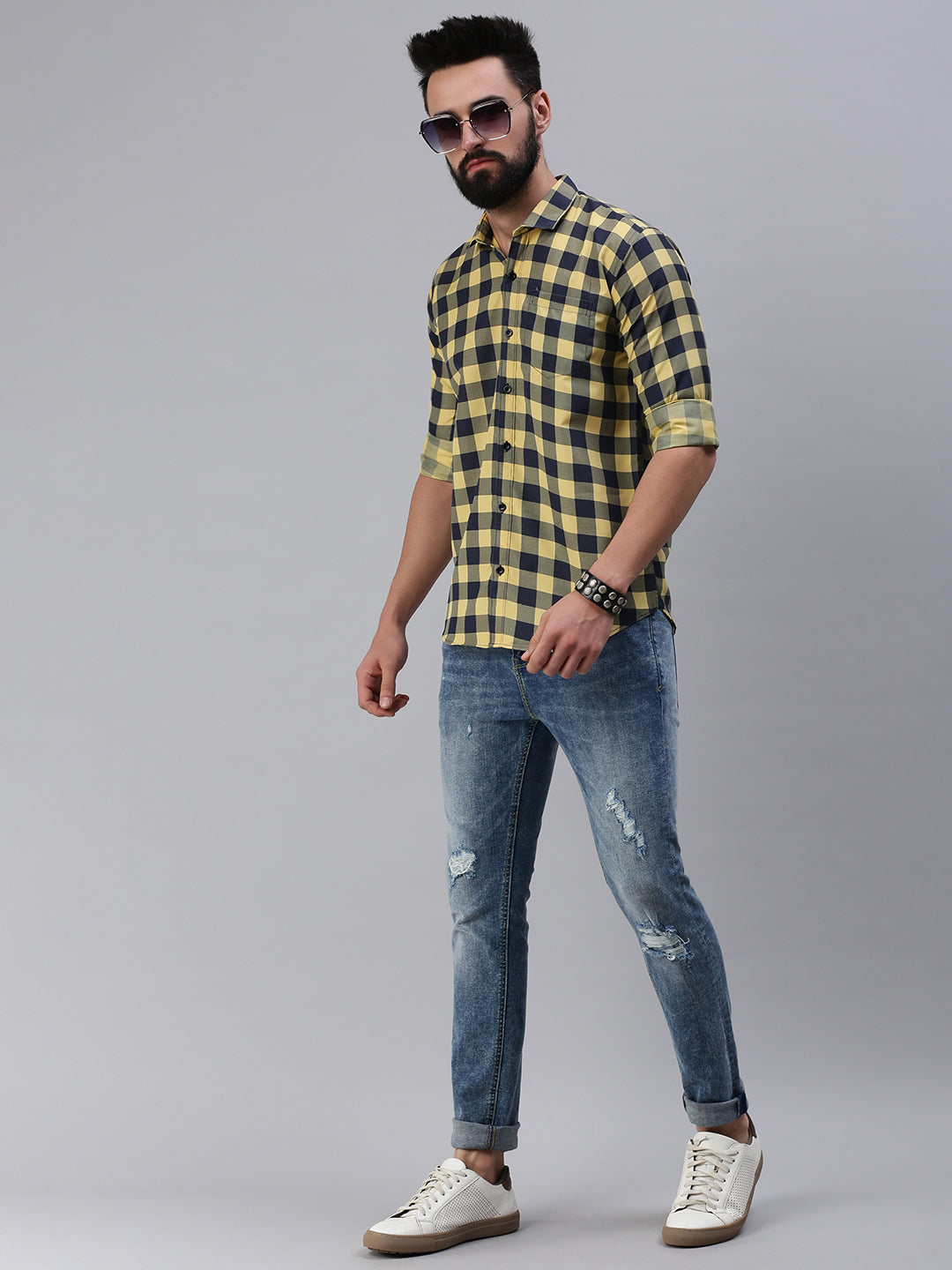 Full sleeve yellow checks men's shirt - Rodzen