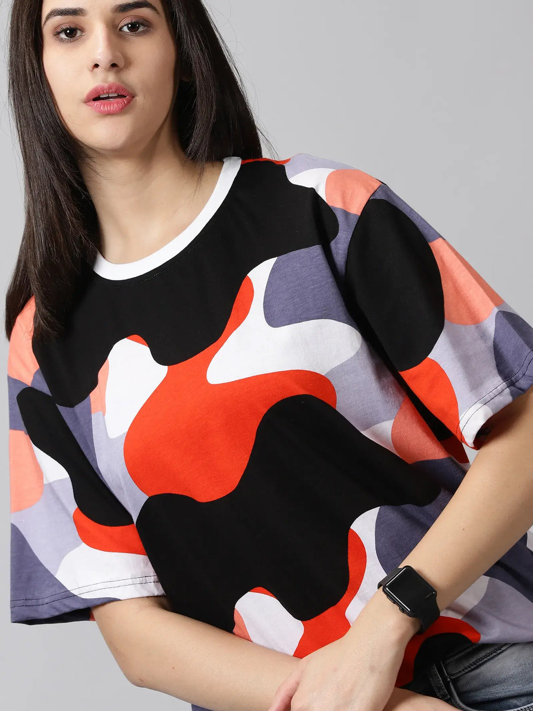 Black-Orange-White Color Printed   Women Oversized T-Shirt - Rodzen