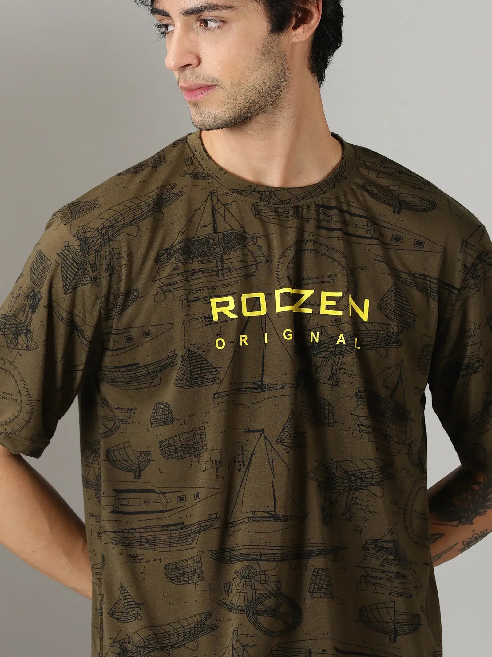 Green Boat Print Men Oversized Tshirt - Rodzen