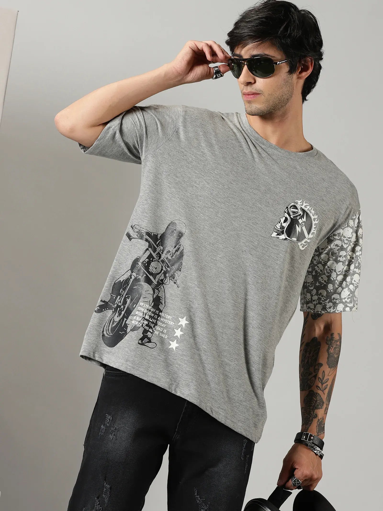 Grey Biker Printed  Men Oversized Tshirt - Rodzen