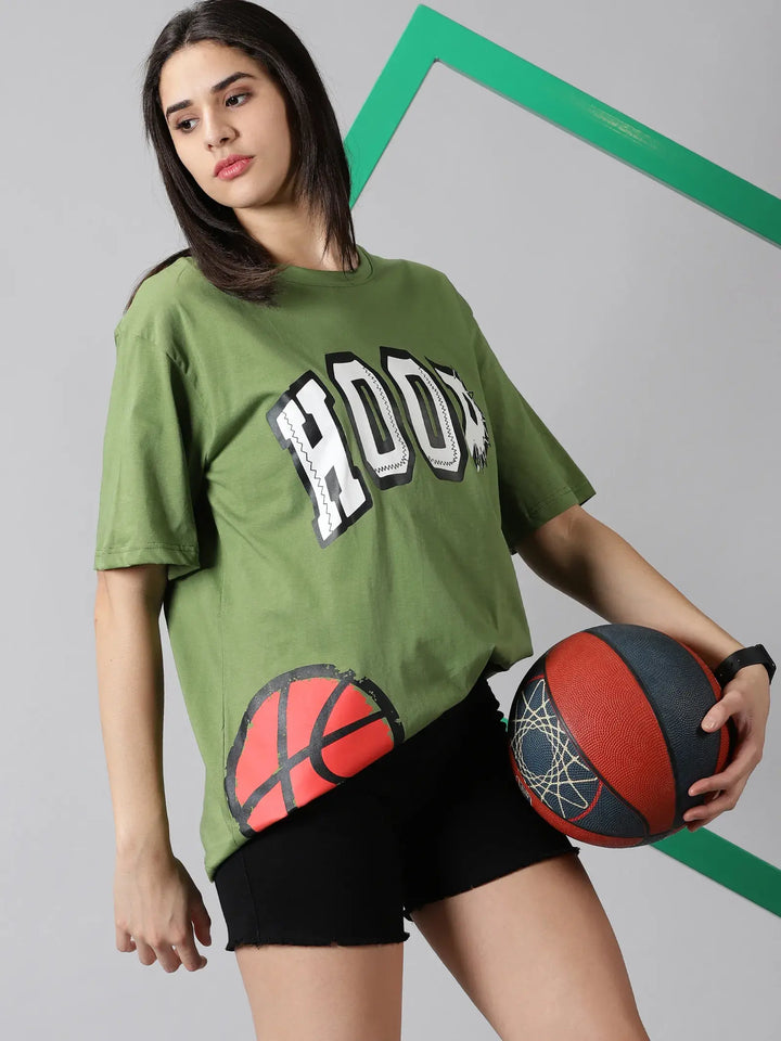 Hoop Printed Green  Women Oversized T-Shirt - Rodzen