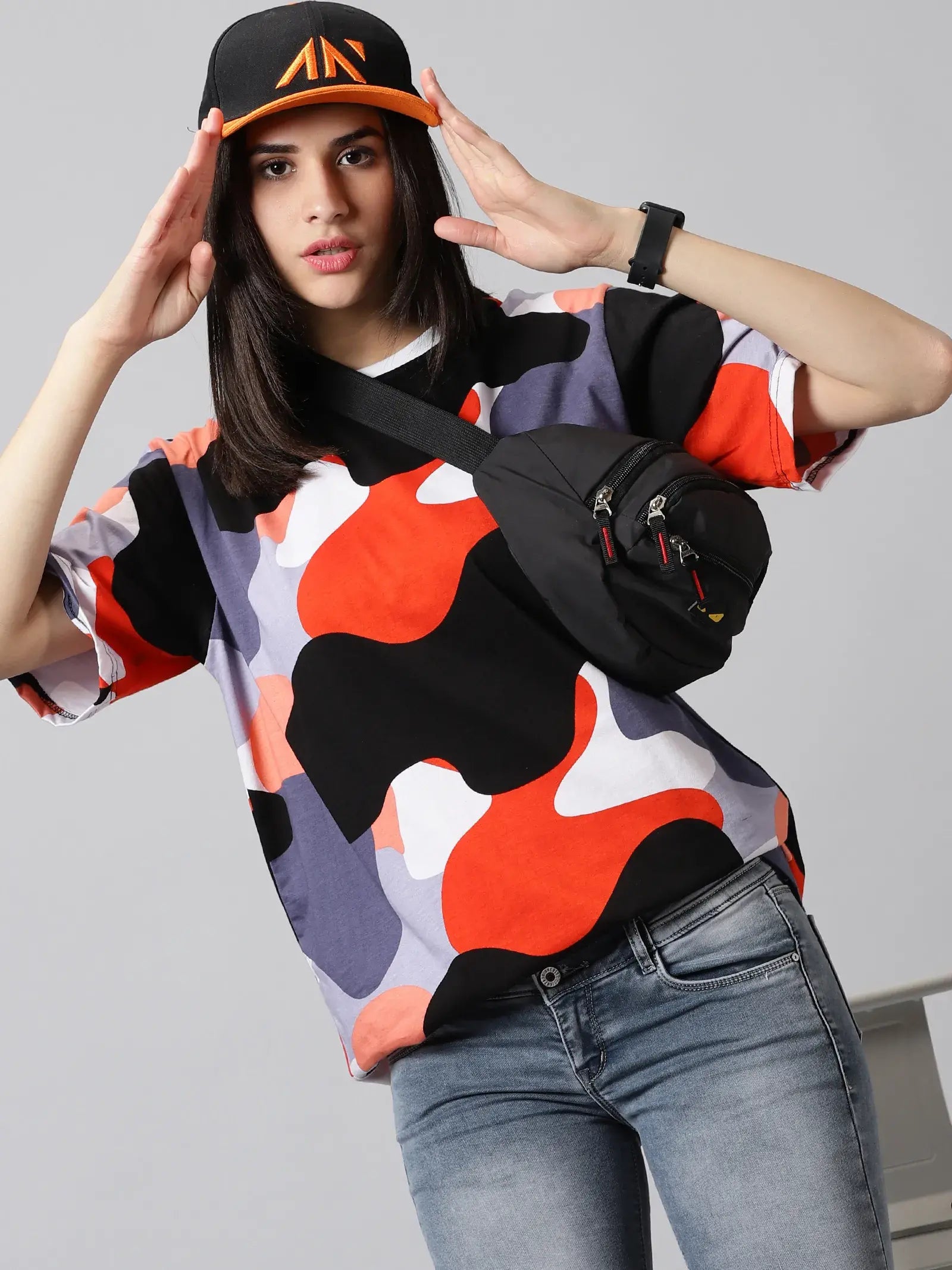 Black-Orange-White Color Printed   Women Oversized T-Shirt - Rodzen