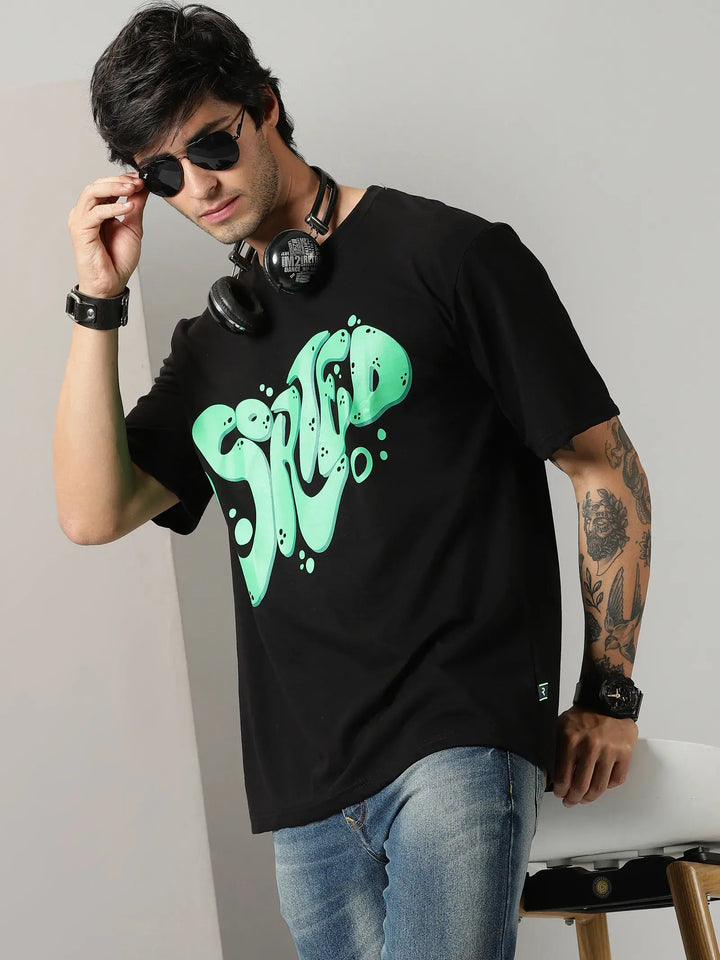 Black Sorted Print Men Oversized Tshirt - Rodzen