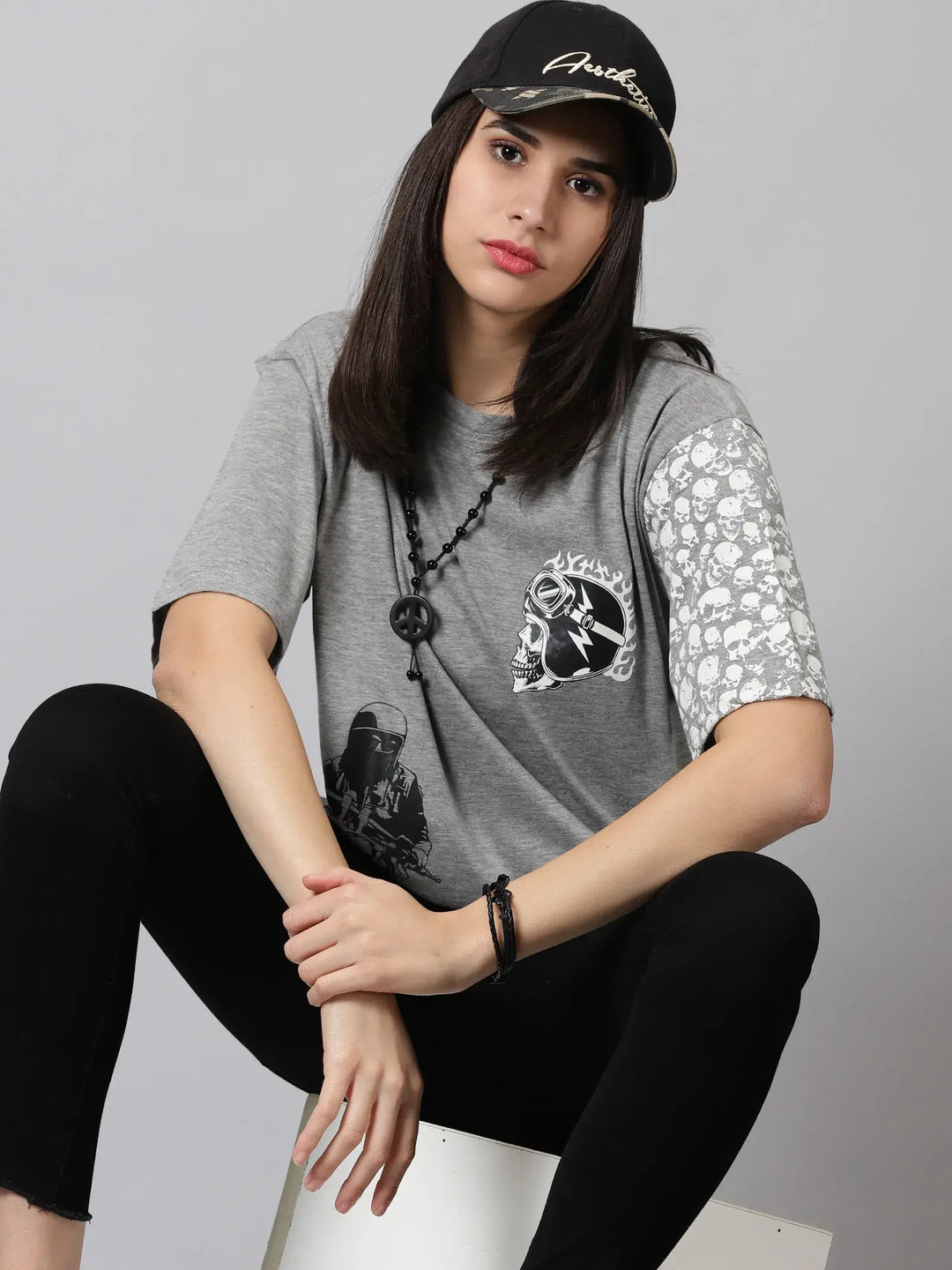 Skullgrey Skull Printeded Women Oversized T-Shirt