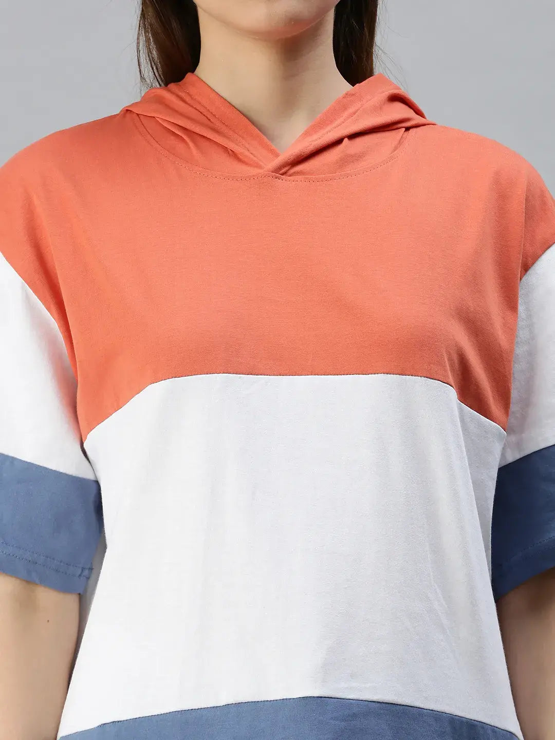 Peach  Color Block Hooded T-Shirt