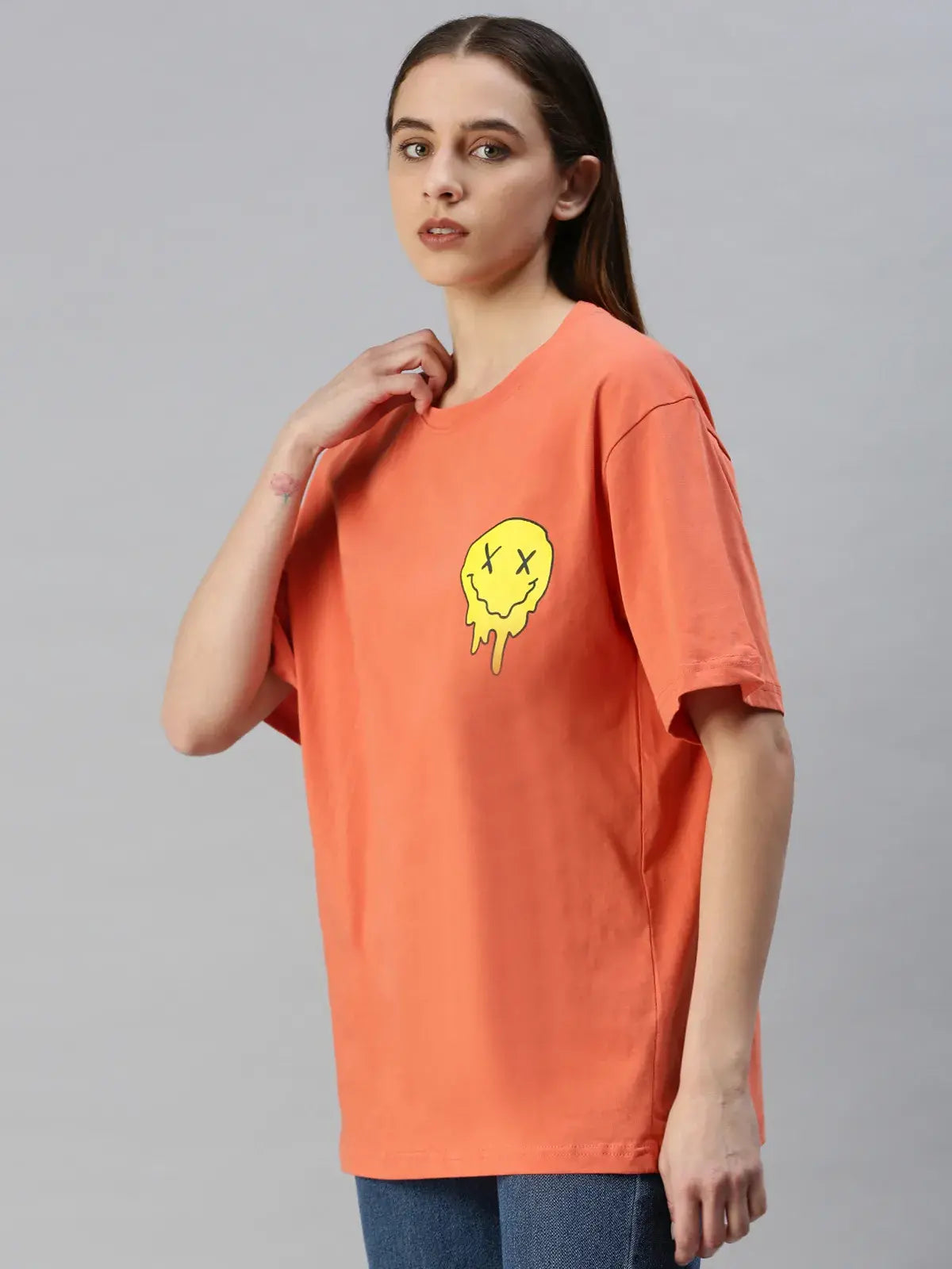 Peach  Back Printed  Women Oversized T-Shirt