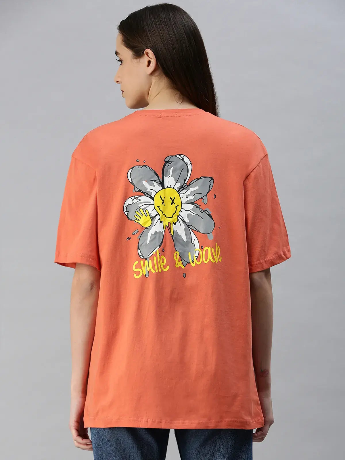 Peach  Back Printed  Women Oversized T-Shirt